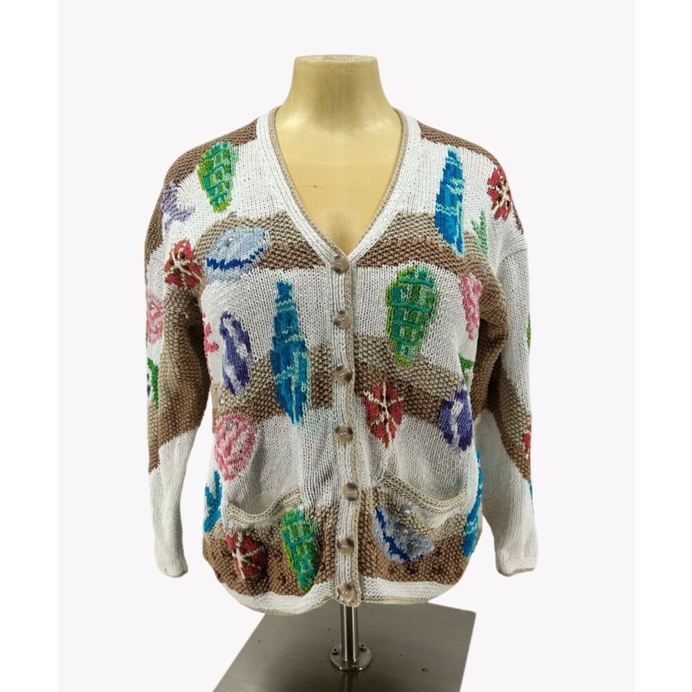 Vintage Hand-Knitted Cardigan Bay Sweater Button Front  Xl Seashell Design